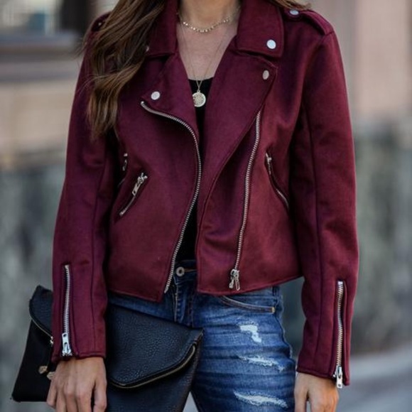 Vici Jackets & Blazers - VICI | Faux Suede Moto Jacket Pocketed Wine Large